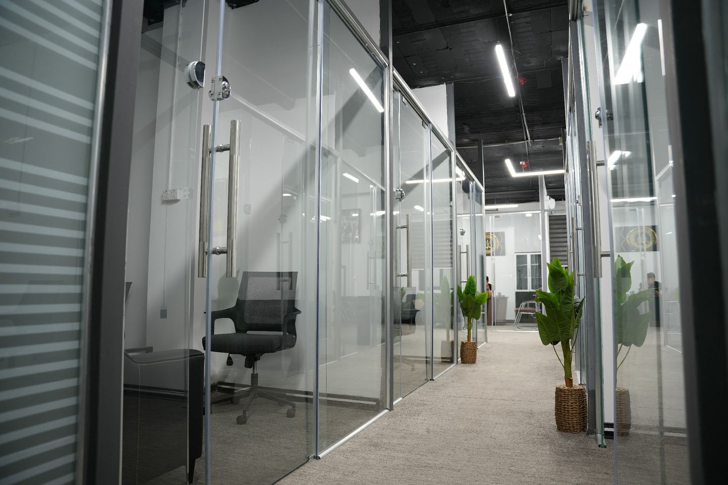 Glass-walled private offices along the main corridor at Business Hub, Basra